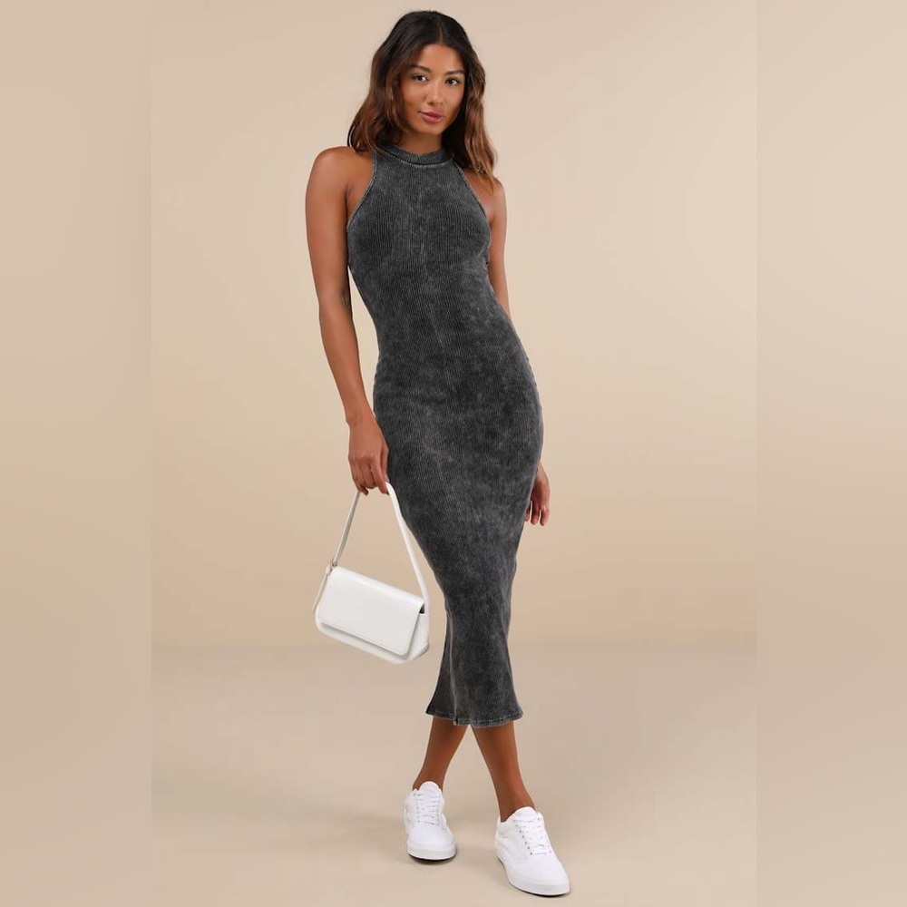 NWT Lulus Charcoal Ribbed Midi Sleeveless Dress